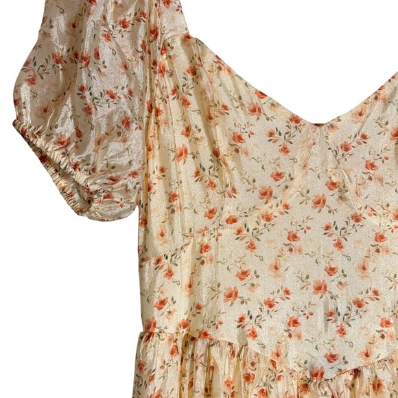 Lulus Floral Puff Sleeve Lace Up Back Midi Dress Womens M Ivory Cottagecore - Picture 15 of 16